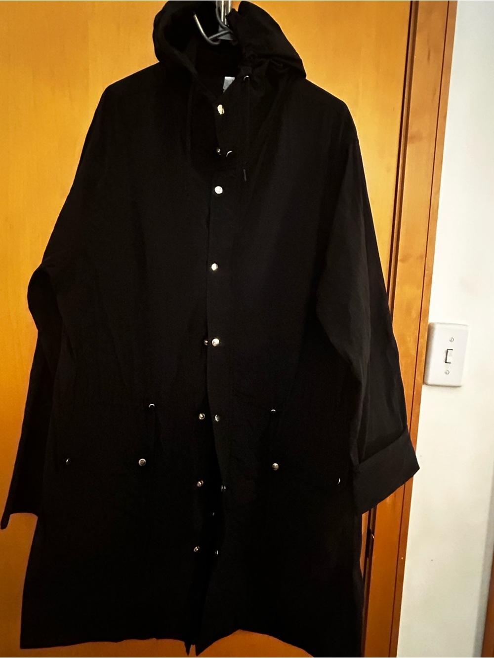 American Apparel Black Hooded Raincoat with Snap Front